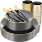 Supernal 180pcs Black Plastic Dinnerware Set Include Gold and Black Plates,Clear Disposable Plates,Gold Plastic Silverware，Clear Cups Suit for Party, Birthday