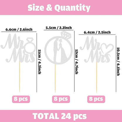 Sotpot 24PCS Miss to Mrs Cupcake Toppers with Ring Silver Glitter for Wedding Bridal Shower Wedding Engagement Party Cake Decorations