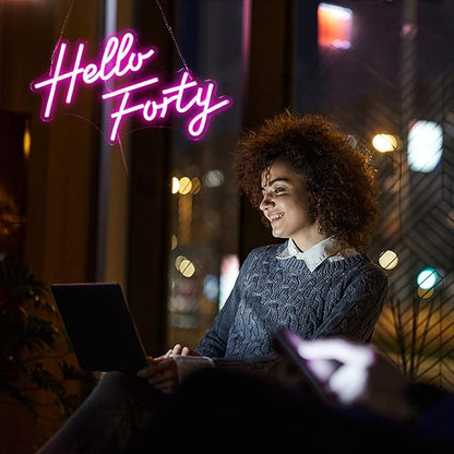 Hello Forty Neon Sign 40th Birthday Dimmable Neon Sign Pink Letters Neon Lights For Bedroom Decor USB Hanging Sign For Home Apartment Office Beauty Salon Decor