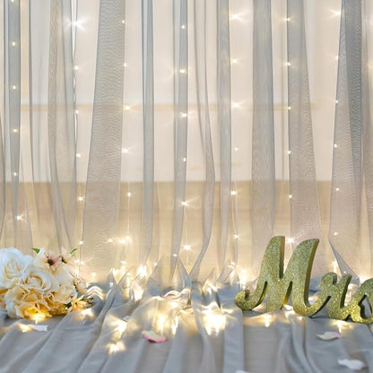 Silver Grey Tulle Backdrop Curtain with Lights String for Parites 10x8ft Sheer Backdrop Curtains for Birthday Party Bridal Shower Baby Shower Wedding Ceremony Prom Photo Booth Background Decorations