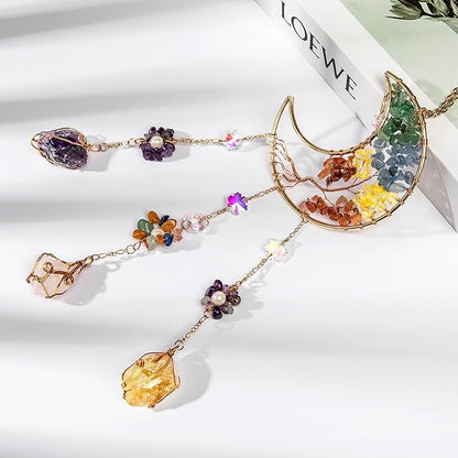 TUOKING Colorful Crystal Moon Suncatchers for Window Hanging Tree of Life Natural Healing Stones Wind Chimes Sun Catcher Rainbow Maker Good Luck Gifts Decor for Home Garden