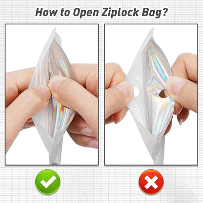Funfery 100 Pack Gradient Holographic Bags,Resealable Bags with Zipper,Clear Window Packaging Pouchs,Foil Bag for Food Storage,Small Business,Sample Jewelry Bag(5.5×7.9In,White Black)