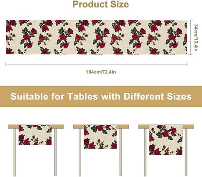 Vintage Rose Table Runner, Red Flowers Green Leaves Valentine's Day Table Runner for Kitchen Dinning Table Runner Decor Home Wedding Party Holiday, 13x90 Inch