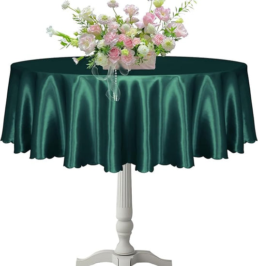 KKJIAF 1 Pack 60 Inch / 5ft Round Table Cloth, Hunter Green Overlay Round Satin Table Cover, Silky Satin Dining Tablecloths for Wedding Buffet Parties Banquet Decoration