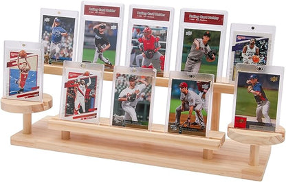 Wooden Trading Card Display Stand, 3-Tier Card Holder for Graded, Sports and TCG Cards, Tabletop Display Holder, Rustic Solid Wood Shelf Stand for Basketball Football Hockey(Wood Grain)