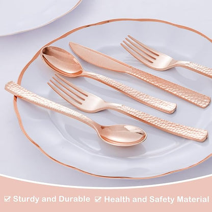 Supernal 180pcs Rose Gold Plastic Silverware Heavy Duty Plastic Forks and Spoons, Rose Gold Disposable Silverware Sets Include 60 Forks, 60 Knives and 60 Spoons Suitable for Wedding, Party, Birthday