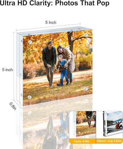 5 Pack 5x5 Acrylic Picture Frames - 20% Thicker Double Sided Magnetic Frame with UV Protection - Freestanding Clear Frameless Display for Tabletops - Modern Photo Frame Set for Home & Office Decor