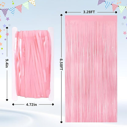 2Pack Pastel Pink Metallic Tinsel Foil Fringe Curtains, Pink Backdrop, Door Streamers Photo Booth Backdrop for Birthday Party, Tinsel Curtain Backdrop for Shower Bachelorette Xmas Party Decorations