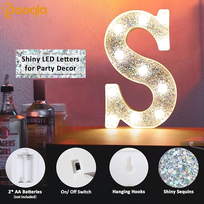 Pooqla Light Up Letters, LED Marquee Letters for Silver Birthday Decorations, Battery Powered Night Light Teenager Girl Room Decor, Gift for Girls Boys Wedding Bedroom Christmas Party Decor, Letter W