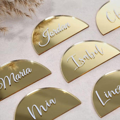 UNIQOOO 20 Pcs 3.5x2 inches Gold Mirror Half Circle Acrylic Sign DIY Blank Semicircle Acrylic Place Cards, Perfect for Wedding Table Decor, Centerpiece, Decoration, Party,Anniversary, Event