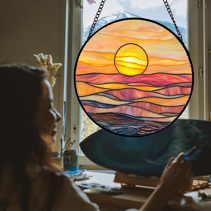 Stained Glass Window Hanging, Orange Sunrise Suncatcher Diamond Glass Panel Hangings Scenery Sun Catchers Decor for Birthday for Women, Men, Wife, Aunt, and Mom 14.9 in