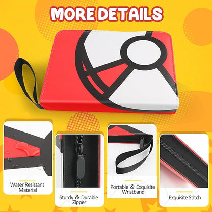 Trading Card Binder 4-Pockets, 400 Pockets Card Holder with 50 Removable Sleeves, Large Capacity & Waterproof Zipper Album Holder for Trading Card Collector, Portable Card Album Book for Game Card-Red