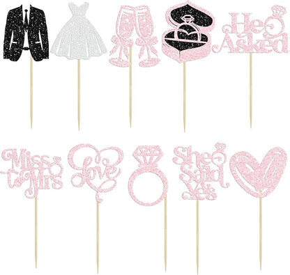 Gyufise 30Pcs She Said Yes Cupcake Toppers Glitter Diamond Ring I Do Love Cupcake Picks Miss to Mrs He Asked Bridal Shower Wedding Engagement Bachelorette Cake Decoration Light Pink