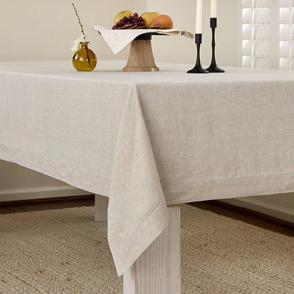 Solino Home Linen Light Natural Tablecloth 60 x 90 Inch - Classic Hemstitch, 100% Pure Linen Rectangular Tablecloth - Machine Washable Table Cloth for Fall, Autumn, Thanksgiving, Christmas, Holiday