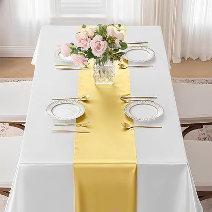 SHEJIZE 10 Pack Light Gold Satin Table Runner 12x108 Inches Long, Bright Silky Smooth Satin Table Runner Table Decor for Wedding Banquet Christmas Prom Event Birthday Party