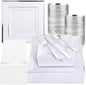Festiva 350Pcs Silver Plates - Silver Square Plastic Plates 9 .5" and 6" - serve for 50 guests include 50 Cups 50Plastic Cutlery 50Hand Napkins Perfect for Party&Wedding&Birthday&Easter Day