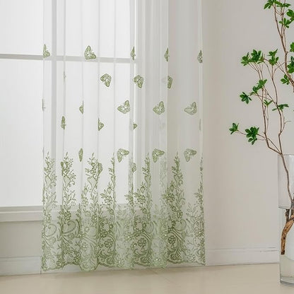 VISIONTEX White Sheer Voile Curtains, Decorative Green Embossed Butterflies Rod Pocket Window Drapes for Home Kitchen, Living Room and Bedroom 54 x 72 Inch, Set of 2 Curtain Panels
