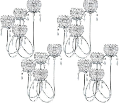 4 Arms Crystal Candelabra Tealight Holder - Tall 15.7 Inch Elegant Centerpiece with Crystal Pendant Bowls & Artistic Metal Stand for Wedding, Dining Table, Home Decor (4, Silver)