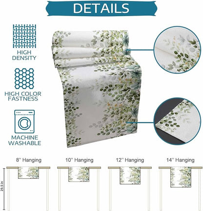 Sage Green Eucalyptus Cotton Linen Table Runner for Dining Kitchen,Farmhouse Leaves Botanical Floral Wedding Outdoor Party Tablerunners Decoration Dresser Scarf Coffee Tablecloth Runners 13x120 Inches