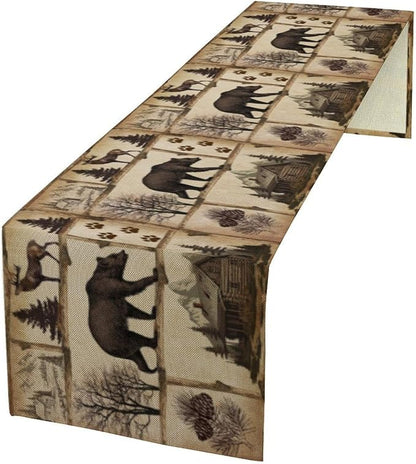 Rustic Cabin Table Runner, Retro Moose Cone Deer Bear Farmhouse Lodge Table Runner for Dinner Living Room Kitchen Vintage Country Cottage 13x36 Inch