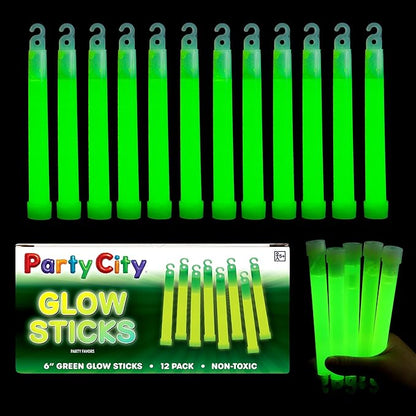 Party City Green Glow Sticks Bulk Pack 6”- 12pk Glow in the Dark Sticks for Kids, Waterproof Camping Survival Ultra Bright Emergency Light Stick with String, Neon Glowsticks Party Supplies Favors