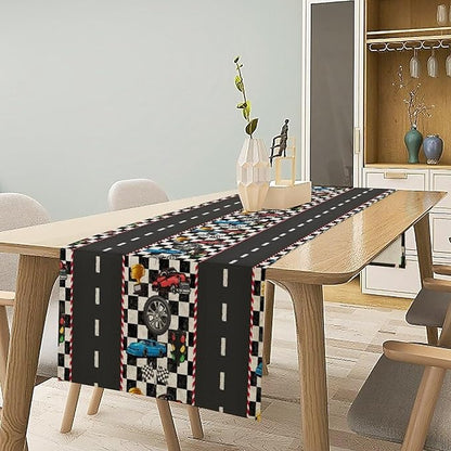 Race Car Table Runner,Checkered Flag Black and White Race Cars Pattern Print Tablecloth Burlap for Hotel Indoors Outdoor Dining Room Kitchen Home Decor,W13X L90 in