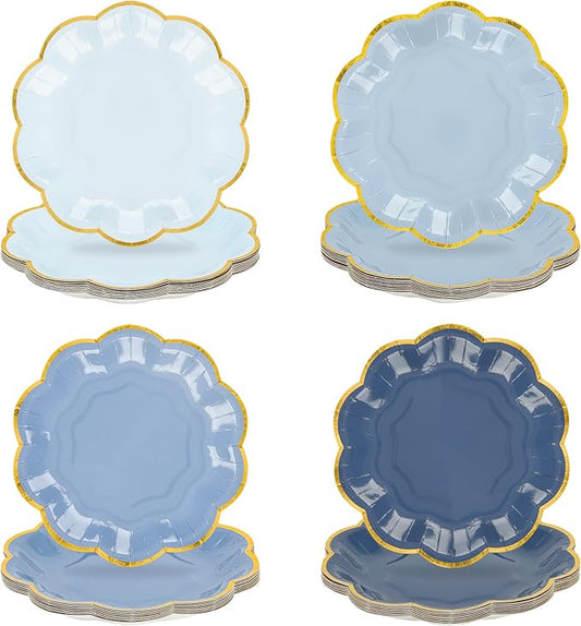 Dusty Blue Party Plates Gradient Blue Dessert Paper Plates 7inch Gold Foil Scalloped Edge Disposable Cake Plates for Tea Party Birthday Bridal Baby Shower Wedding Party Supplies (48)