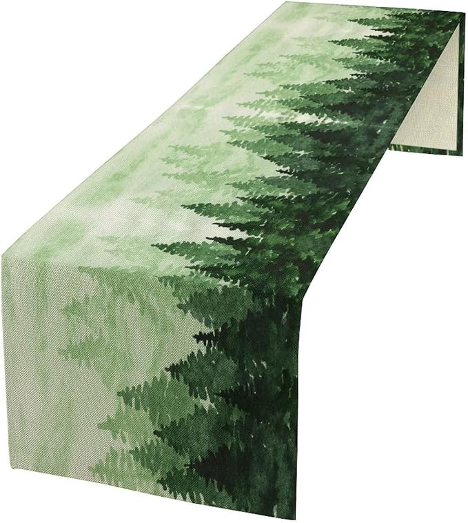 Foggy Forest Table Runner,Watercolor Wreen Misty Forest Landscape Table Runner for Kitchen Dining Table Home Party Decoration 13x90 Inch