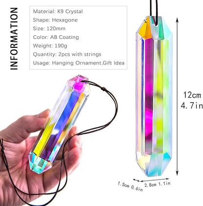 HDCRYSTALGIFTS 2PCS 5" Large Crystal Sun Catcher Prisms for Windows Indoor, AB Colored Hexagone Hanging Crystals Suncatchers, Rainbow Maker for Christmas,Patio,Chandelier,Garden Ornaments