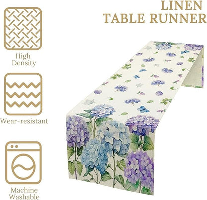 Spring Hydrangea Flower Table Runner, Seasonal Summer Plants Watercolor Florals Butterfly Dinner Runner for Home Kitchen Dining Table Party Holiday Decoration 13"x70"