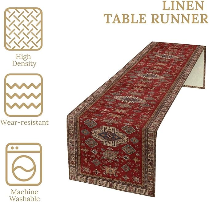 Boho Floral Vintage Table Runner, Retro Red Brown Flower Rustic Country Farmhouse Abstract Pattern for Home Kitchen Table Decor Dining Coffee Room Party Decor 13x36in