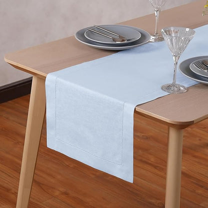 Light Blue Table Runner 72 inches Long – 100% Pure Linen Hemstitch 14 x 72 Inch Table Runner for Dining, Spring, Summer, Wedding Decorations, Gift – Elara