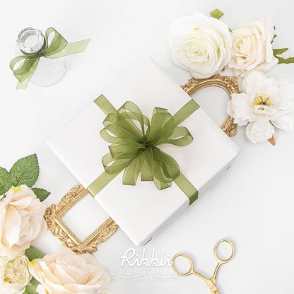 Ribbli Moss Green Organza Ribbon 1/2 Inches x Continuous 50 Yard Green Sheer Ribbon for Gift Wrapping,Cookie Wrapping,Wedding Decoration