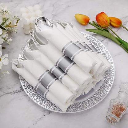 Supernal 60 Pack Pre-Rolled Silver Plastic Cutlery Heavy Duty Wrapped Silverware Disposable Premium Silver Plastic Silverware Forks and Spoons for Halloween Thanksgiving Christmas