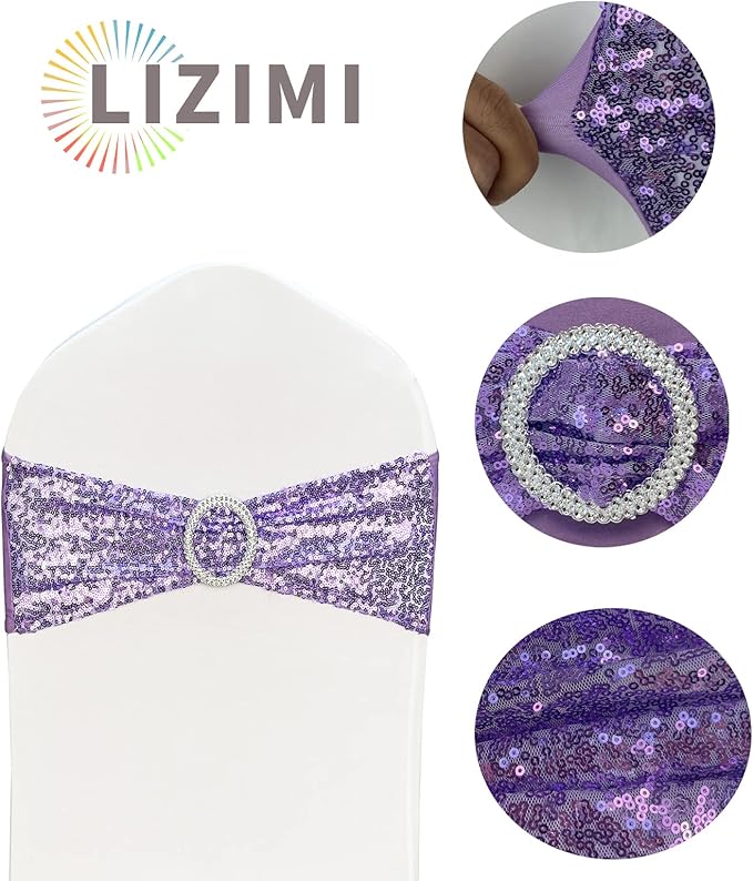 50 Pcs Sequin Chair Sashes Stretch Chair Bands Spandex Polyester Bows for Party Hotel Wedding Banquets Decoration - Lavender