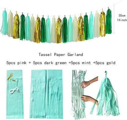 Sage-Green Beige-Gold Baby Bridal-Shower Decorations - 30pcs Rustic Wedding Tissue Pom Poms,Tassel Garland Banner,Birthday Gender Reveal Bachelorette Engagement Party Decor Bunting Lasting Surprise
