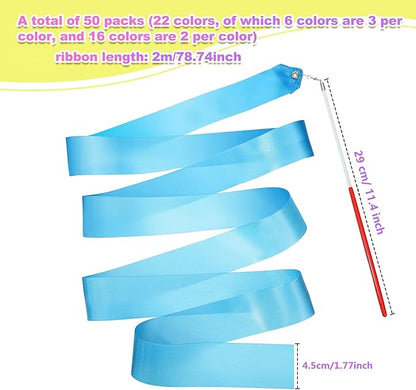 Yilloog 50 Pcs Ribbon Dancing Wands Party Favors, 78.7 Inch Artistic Gymnastics Ribbon Streamers Twirling Wands, Rainbow Birthday Decorations