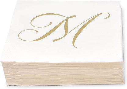 Gift Boutique 100 Gold Monogram Cocktail Napkins Letter M Disposable Paper Pack Elegant Metallic Golden Foil Hand Napkin for Powder Room Wedding Holiday Birthday Party Baby Shower Decorative Towels