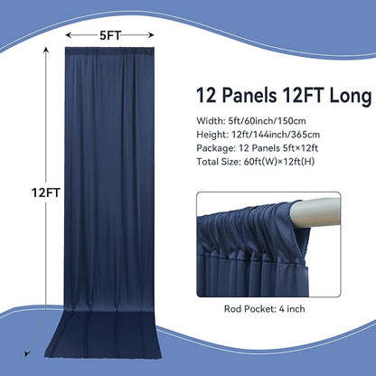 60×12ft Navy Blue Wrinkle Free Backdrop Curtain for Wedding Parties, 12 Panels 5×12ft Long Soft Silky Polyester Backdrop Drapes Photo Back Drop Curtains for Birthday Photography Background Cloth