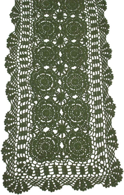 KEPSWET Cotton Handmade Crochet Lace Table Runner Olive Green Rectangle Coffee Table Dresser Decor (14x36 inch)