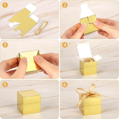 EUSOAR Small Gift Boxes with Lids, 120pcs 2x2x2 Inches Gold Party Favor Box Soap Packaging with Ribbon, Cube Candy Box Mini Muffins Bags Macaron Container for Birthday Advent Calendar DIY Supplies