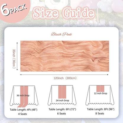 6 Pack Blush Pink Cheesecloth Table Runner 10ft Boho Gauze Fabric Cheese Cloth Table Runner 35 x 120 Inch Rustic Sheer for Romantic Wedding Decor Baby Shower Party Table Centerpiece Decoration