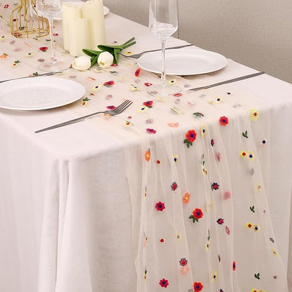 6PCS Champagne Floral Table Runner 10 FT, Embroidery Daisy Table Runners Seasonal Sheer Tulle Table Runner for Thanksgiving Wedding Birthday Baby Shower Party ﻿