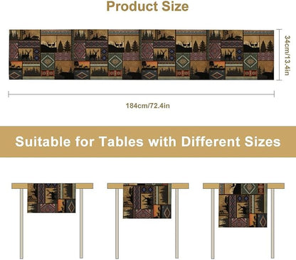 Rustic Cabin Bear Aztec Table Runner, Retro Brown Bear Rustic Theme Geometry Decoration for Home Dinner Party Living Room Bedroom Table Runner 13x36 Inch