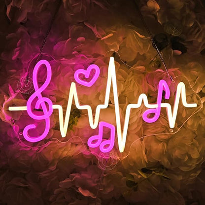 SYLHOME Led Neon Light Sign Music Note Wall Decor Sign Heartbeat Music Room Bedroom Studio Bar Theme Birthday Christmas Party 15.75" X 8.54" USB