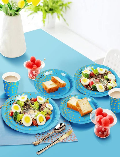 141 Pieces Sky Blue Gold Party Supplies, Party Dinnerware Sets Include Paper Plates Napkins Cups Silverware, for Wedding Bridal Shower Engagement Birthday Parties Decoration -20 Serves