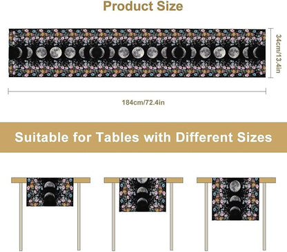 Boho Floral Moon Table Runner, Spring Flower Leaves Mystical Gothic Sun Moon Table Runner for Kitchen Dining Table Home Party,13x120 Inch Purple