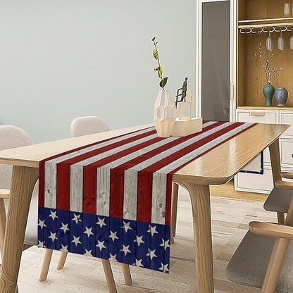 American Flag Table Runner, 4th of July USA Rustic Vintage Wooden Blue Red Stars Stripes Print Table Runner for Farmhouse Kitchen Dining Table Decor, 13x120inch