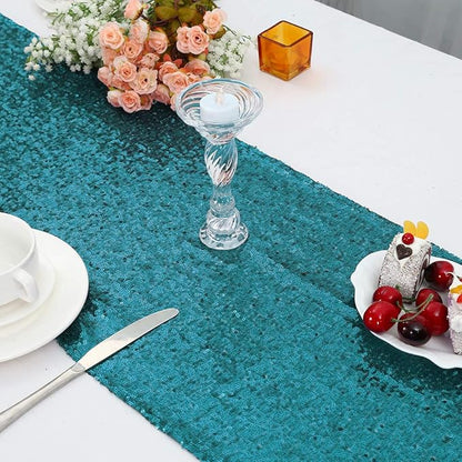Eternal Beauty Teal Table Runner , 5PCS-12X108 Sequin Table Runner Decorations for Birthday Parties, Banquets, Graduations,Christmas