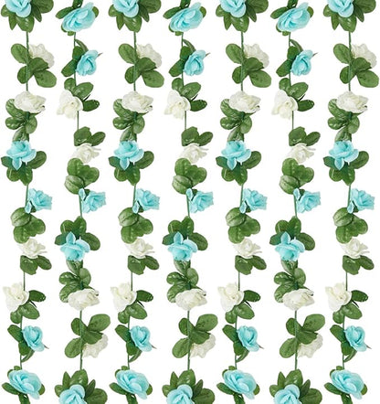 6 Pcs x 8.2 ft Flower Garland Artificial Rose Vine Flowers with Green Leaves Hanging Fake Roses Vine for Room Party Home Wedding Birthday Christmas Wall Arch Decor, White Blue Flower